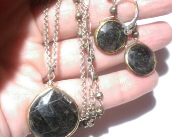 Necklace Earring Set Double Strand Modern Beaded Sterling Silver and Rose Cut Pyrite Gemstone Artisian Design Protection and Good Fortune