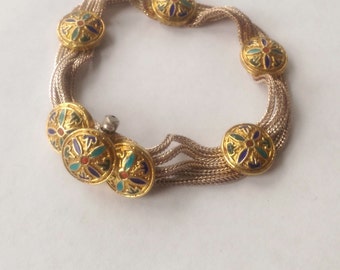 Bracelet Enamel Medallion Multiple Wheat-chain Sterling Silver Collectors Piece or Perfect Gift