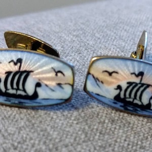 Cufflinks Scandinavian Guilloche Enamel Nordic Viking Ship Aksel Holmsen  Collectible