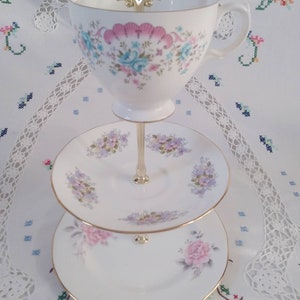 Handmade Pink, Blue and Lavender Floral Vintage Bone China Mad Hatter Cake Stand, Made in England