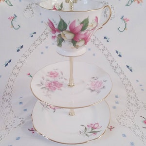 Handmade Pink Floral Vintage Bone China Mad Hatter Cake Stand, Made in England