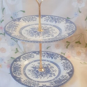 Handmade Mini Vintage Cake Stand Blue and White Afternoon Tea 2 Tiers English