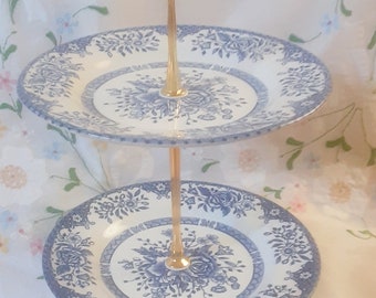 Handmade Mini Vintage Cake Stand Blue and White Afternoon Tea 2 Tiers English