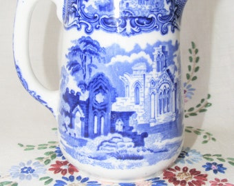 1930s Blue and White Water Jug by George Jones & Sons, ABBEY, 1790, England