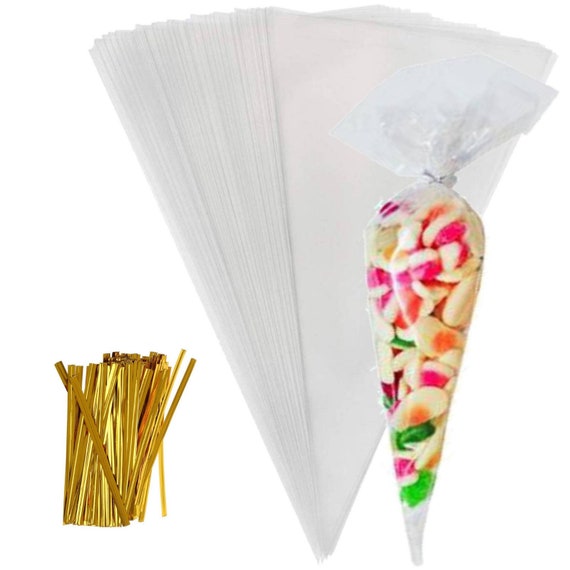 250 Quality ORANGE Cone Cellophane Sweet Party Bags With 4/" Silver Twist Ties