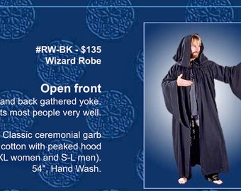 Wizard Robe Open Front Cotton Large Hood Black unisex robe Ceremony Wiccan Goddess Ritual Theater Halloween fits most adults
