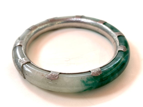 Antique Translucent Green-White Jade Silver Bangl… - image 2