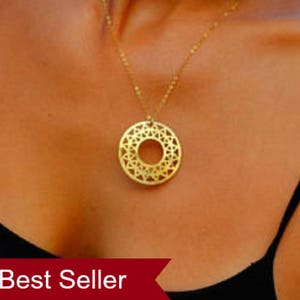 Large pendant necklace, Gold Medallion Necklace sun, disc necklace gold protection necklace woman, Gold Sun Necklace, Gold protection amulet image 2