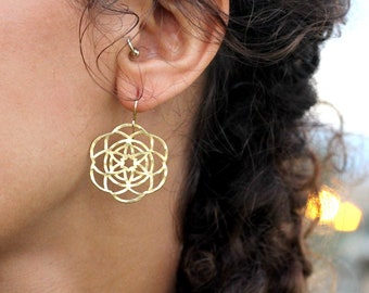 Mandala Brass Earrings: Flower of Life, Sacred Geometry Boho Dangles