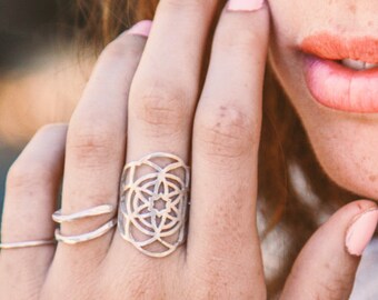 Silver mandala ring, Sterling Silver Flower of life Ring for Women Boho, Silver Hippie Ring, Large ring Silver long ring, large silver rings