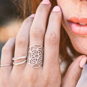 Silver mandala ring, Sterling Silver Flower of life Ring for Women Boho, Silver Hippie Ring, Large ring Silver long ring, large silver rings