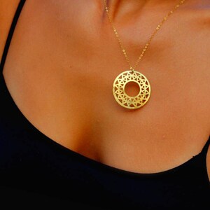 Large pendant necklace, Gold Medallion Necklace sun, disc necklace gold protection necklace woman, Gold Sun Necklace, Gold protection amulet image 3