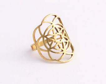 Puede incluir: Un anillo dorado con un diseño geométrico. El anillo está hecho de metal y tiene un patrón delicado e intrincado.