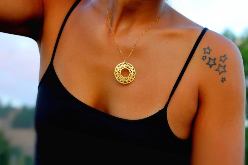 Large pendant necklace, Gold Medallion Necklace sun, disc necklace gold protection necklace woman, Gold Sun Necklace, Gold protection amulet image 3