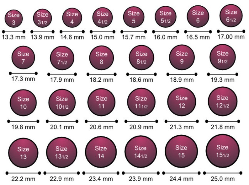 Puede incluir: Un gr&aacute;fico que muestra diferentes tama&ntilde;os de anillos con las medidas correspondientes en mil&iacute;metros. El gr&aacute;fico incluye las tallas 3 a 15 1/2.