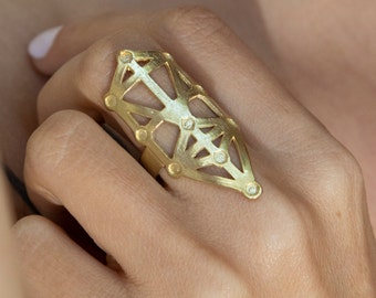 Geometric 14k Gold Ring Tree of Life | Solid Gold Statement Stackable Ring | Spiritual Ring Sacred Geometry Kabbalah Gift