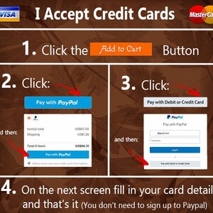 Puede incluir: Un gr&aacute;fico que muestra c&oacute;mo pagar una compra en l&iacute;nea con tarjeta de cr&eacute;dito o PayPal. El gr&aacute;fico muestra una serie de pasos, incluyendo hacer clic en el bot&oacute;n "Agregar al carrito", seleccionar un m&eacute;todo de pago e ingresar los detalles de su tarjeta. El gr&aacute;fico tambi&eacute;n incluye el texto "Acepto tarjetas de cr&eacute;dito" y los logotipos de Visa y Mastercard.
