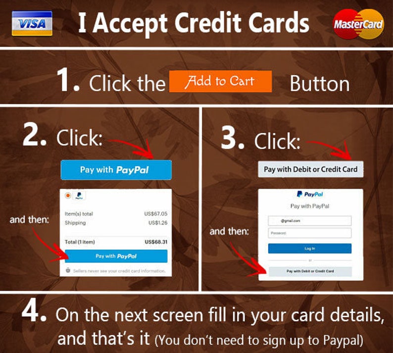 Puede incluir: Un gr&aacute;fico que muestra c&oacute;mo pagar una compra en l&iacute;nea con tarjeta de cr&eacute;dito o PayPal. El gr&aacute;fico muestra una serie de pasos, incluyendo hacer clic en el bot&oacute;n "Agregar al carrito", seleccionar un m&eacute;todo de pago e ingresar los detalles de su tarjeta. El gr&aacute;fico tambi&eacute;n incluye el texto "Acepto tarjetas de cr&eacute;dito" y los logotipos de Visa y Mastercard.