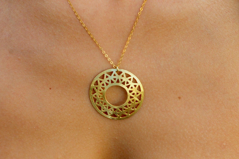 Large pendant necklace, Gold Medallion Necklace sun, disc necklace gold protection necklace woman, Gold Sun Necklace, Gold protection amulet image 5