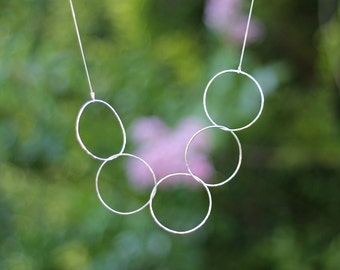 Linked Circle Necklace Long Silver Necklace Karma 5 rings Necklace statement necklace delicate long, 5 year anniversary gifts for women