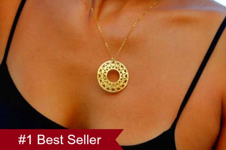 Large pendant necklace, Gold Medallion Necklace sun, disc necklace gold protection necklace woman, Gold Sun Necklace, Gold protection amulet image 2