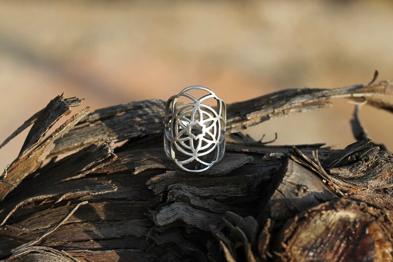 Puede incluir: Un anillo de plata con un dise&ntilde;o geom&eacute;trico, que recuerda a una flor o un mandala, sobre un fondo de madera.