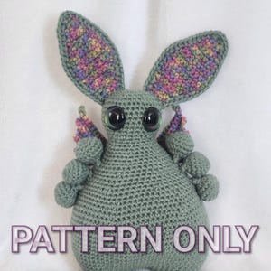 May include: A crochet pattern for a green, multi-colored, amigurumi creature with large eyes. The pattern is called "PATTERN ONLY" and is by MTP Designs.