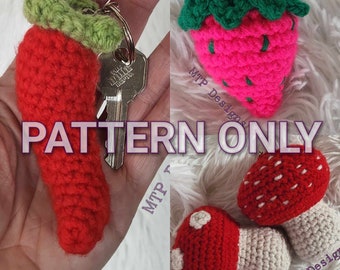 Crochet Keychain Pattern Only, MTP Designs Original, Strawberry, Chili Pepper and Mushroom Keychain Designs, Key Decoration, Cottagecore Gif