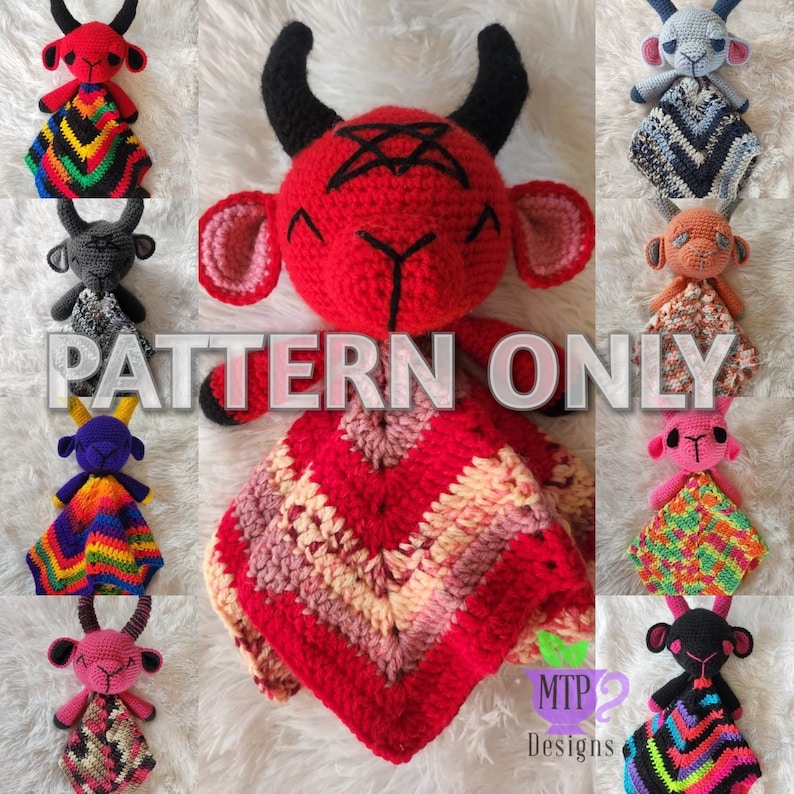 May include: Crochet pattern for a red amigurumi goat with horns and a pentagram on its forehead. The goat is holding a red, pink, and cream striped blanket. The pattern is available for purchase. "PATTERN ONLY" is written in white text on a black background.