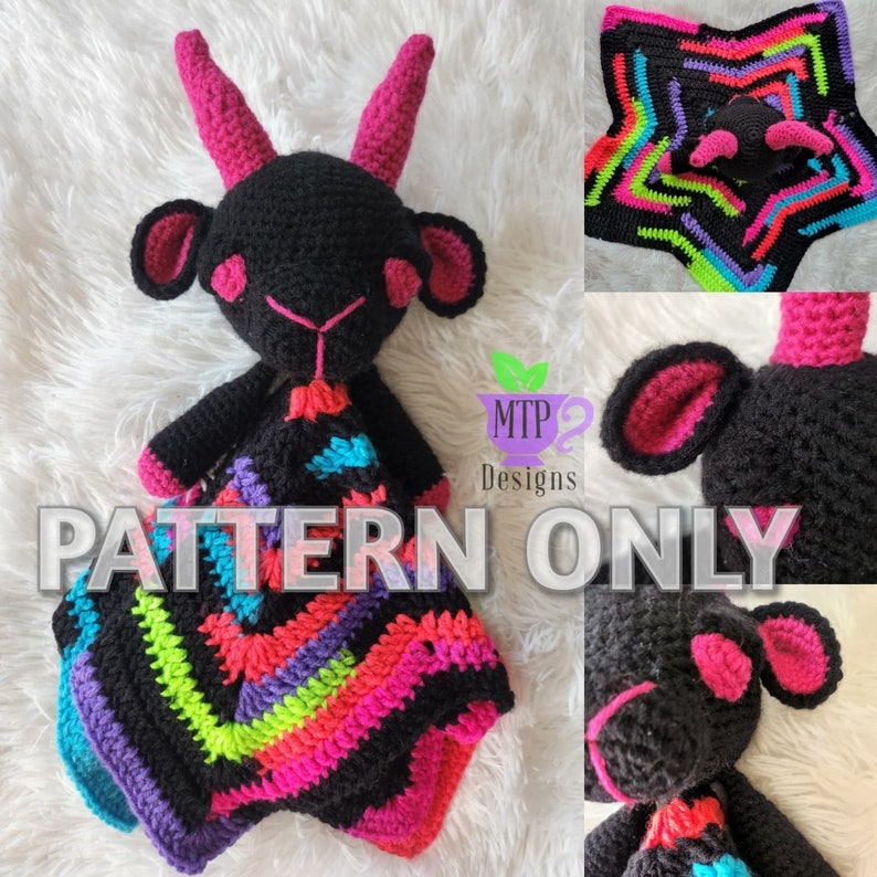 May include: Crochet pattern for a black and pink goat amigurumi toy with a rainbow striped blanket. The pattern is available for download only.  PATTERN ONLY.