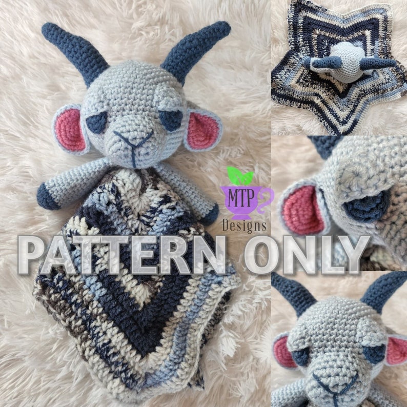 May include: A crocheted goat amigurumi toy with a blue and gray blanket. The goat has pink ears and a blue nose. The blanket has a star pattern. The text "PATTERN ONLY" is visible in the image.