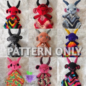 May include: Crochet pattern for a goat amigurumi toy with a blanket. The goat is available in a variety of colors, including red, orange, purple, black, and pink. The blanket is also available in a variety of colors and patterns. The pattern is available for download.