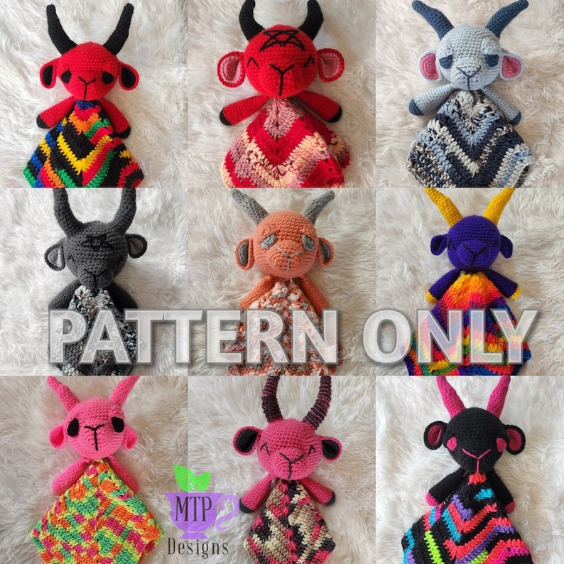 May include: Crochet pattern for a goat amigurumi toy with a blanket. The goat is available in a variety of colors, including red, orange, purple, black, and pink. The blanket is also available in a variety of colors and patterns. The pattern is available for download.