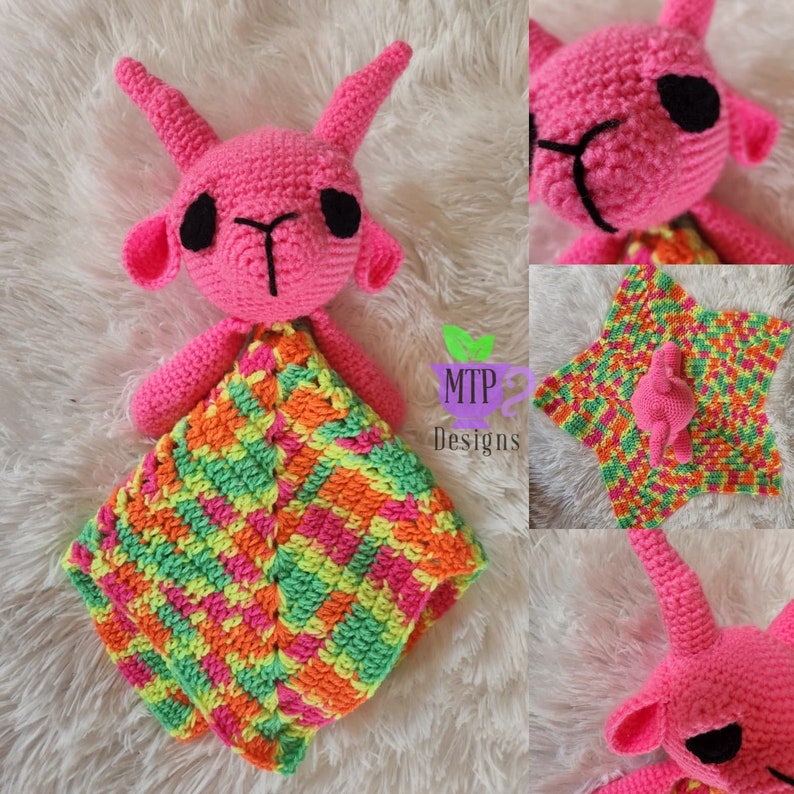May include: A pink crocheted goat with black eyes and a multi-colored crocheted blanket. The blanket is a star shape with green, pink, orange, and yellow stripes. The blanket is made with a chevron stitch pattern. The goat is holding the blanket in its arms. The text "MTP Designs" is visible in the image.