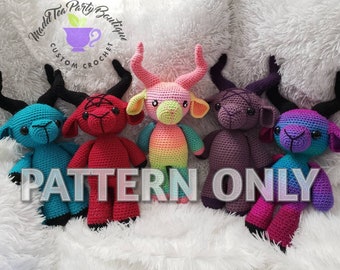 May include: Crochet pattern for a colorful amigurumi goat. The pattern includes five different color variations: teal, red, pink, purple, and rainbow. The pattern is available for download.