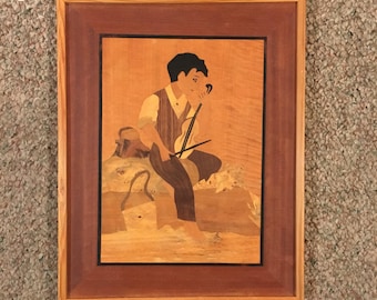 Vintage Unsigned Original Marquetry Framed Wood Inlay Picture - Folksy Scene Of Boy With Violin - 14" X 18" Possibly Croatian Origin