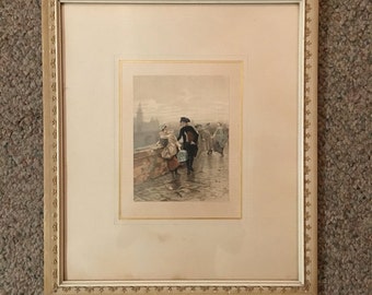 Travellers - Charles Edouard Delort Framed Hand Color Gravure Print Of Young Couple Walking On Bridge Antique Circa 1890s