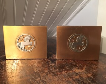 Vintage Pair Of Bookends With Stylized Horse Medallion Design - Bronze Over Wood Construction - Maybe Silver Crest Bronze ?