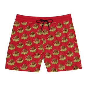 Linda almôndega desenhada à mão com fundo vermelho escuro Shorts de banho masculino de comprimento médio (AOP)