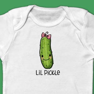 Baby Bodysuit Short Sleeve - GIRL Cute Hand Drawn Lil Pickle with Bow Hand Drawn Lettering &quot;Lil Pickle&quot;
