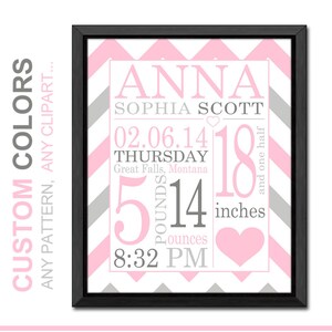 birth stats print pink and gray chevron, personalized baby girl gift, birth announcement girl, new baby girl, baby nursery decor, baby gift image 1