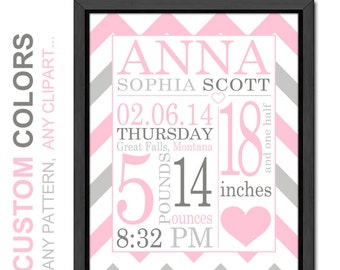 birth stats print pink and gray chevron, personalized baby girl gift, birth announcement girl, new baby girl, baby nursery decor, baby gift