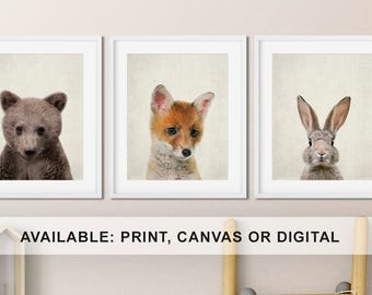 Woodland Animals Nursery Prints: Bear, Fox, Rabbit (Set of 3)