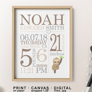 May include: A personalized baby announcement print with a sloth illustration. The print features the baby's name, birth date, time, weight, and length. The text reads "Noah Edward Smith, 06.07.18 Thursday, Long Beach, CA, 5 pounds 6 ounces, 11:21 PM, 21 and one half inches".