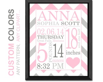 Baby girl birth stats, pink chevron birth announcement, new baby decor, birth statistics announcement wall decor, baby print, baby name art