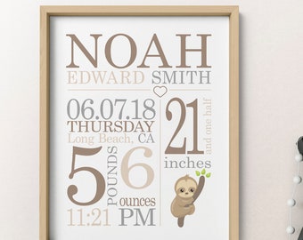 Sloth Baby Decor, Birth Stats Canvas, Sloth Baby Nursery, Baby Birth Details, Baby Birth Announcement Sign, New Baby Boy Gift Personalized