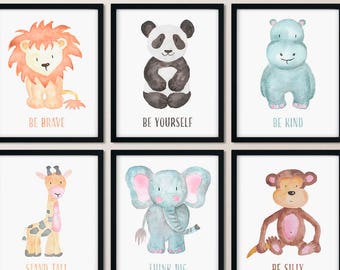 Watercolor Baby Animal Pictures for Nursery, Jungle Animals Baby Room Prints, Inspirational Safari Kids Room, Be brave, Stand tall Set of 6