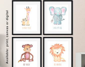 Watercolor Jungle Animals Print Set: Safari Nursery Decor (Set of 4)