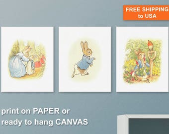 Peter Rabbit Nursery set of 3, Beatrix Potter Nursery Art, Peter Rabbit Canvas Nursery Wall Art, Peter Rabbit and Friends Kids Room Art