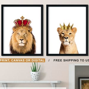 Lion and Lioness Wall Art, Lion Couple with Crown Pictures, King and Queen Modern Home Decor, Anniversary Gift Idea